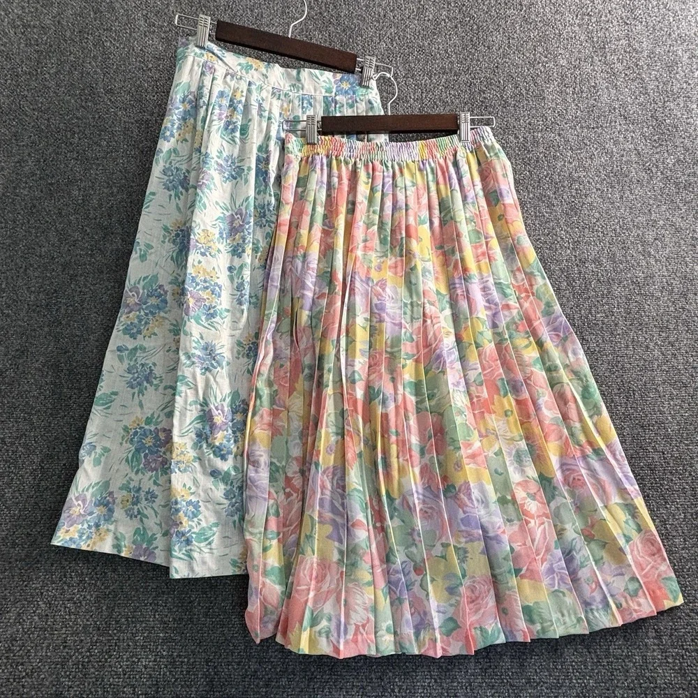 Two Vintage 70-80s Worthington And Alfred Dunner Front Pleated Floral Skirts 14